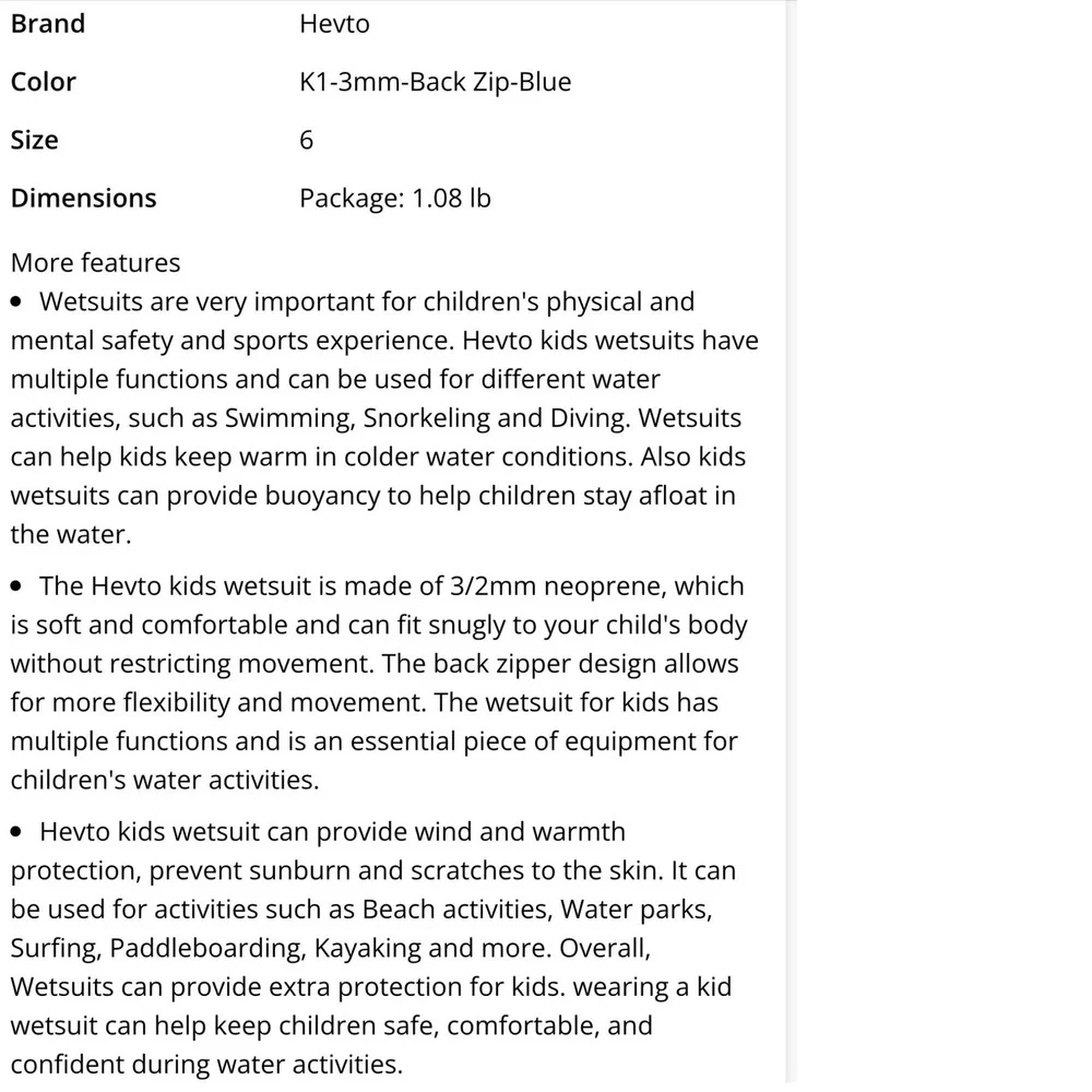 Hevto Wetsuit Kids 6 Blue Excellent 3/2mm‎ Neoprene Full Suit Thermal Back Zip